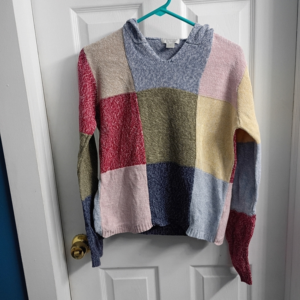 Christopher & Banks Multicolor Patchwork V-Neck Hooded Sweater
